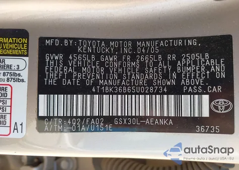 2005 Toyota Avalon Xl из США, поврежденный, VIN 4T1BK36B65U028734